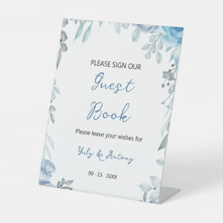 Signe De Table Piedestal de livre d'or floral bleu poussiéreux do
