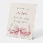 Signe De Table Pink bow crème beige fête d'anniversaire bienvenue (Recto)