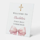 Signe De Table Pink bow photo First Holy Communion welcome (Recto)