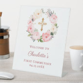 Signe De Table Pink floral wreath First Communion welcome (In SItu)