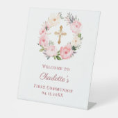 Signe De Table Pink floral wreath First Communion welcome (Recto)