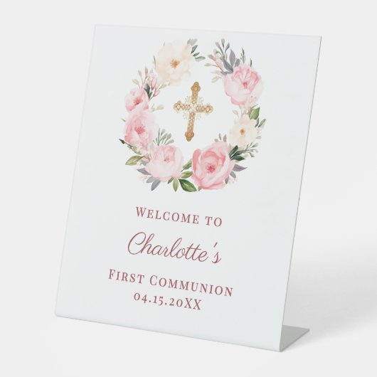 Signe De Table Pink floral wreath First Communion welcome (Recto)