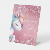 Signe De Table Pink Glitter Rainbow Unicorn Birthday Welcome (Recto)