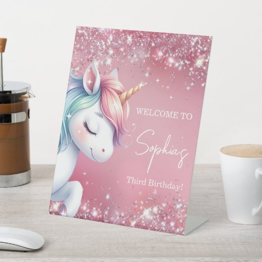 Signe De Table Pink Glitter Rainbow Unicorn Birthday Welcome (In SItu)
