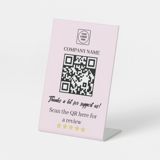 Signe De Table Pink QR Code 5-Star Review Business Pedestal Sign (Recto)
