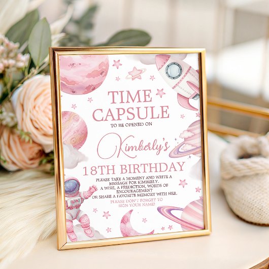 Signe De Table Pink Space 1st Birthday Time Capsule Sign