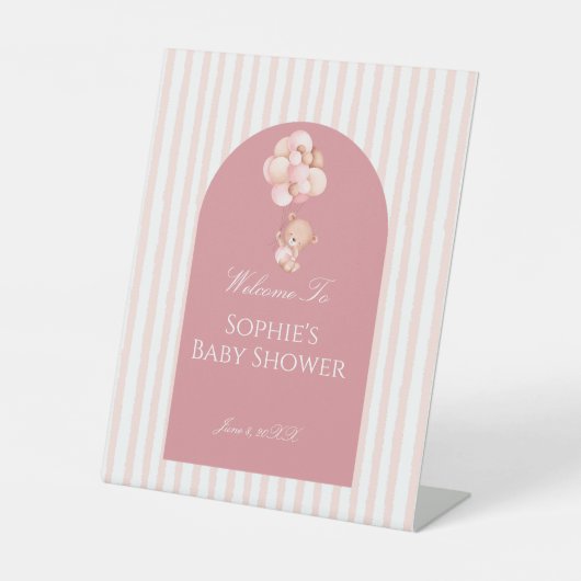 Signe De Table Pink Stripes Balloons Cute Teddy Bear Welcome (Recto)