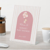Signe De Table Pink Stripes Balloons Cute Teddy Bear Welcome (In SItu)