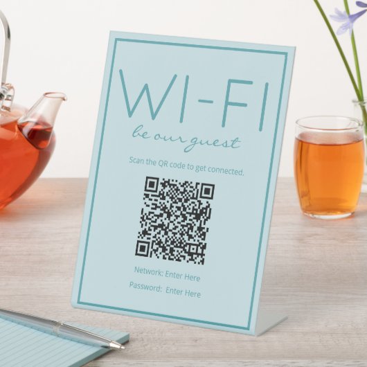 Signe De Table Plage côtière Wi-Fi Turquoise QR Code Guest Table  (In SItu)