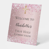 Signe De Table Première communion confetti rose bienvenue (Recto)