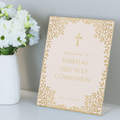 Signe De Table Première Communion Fille Rose Faux Gold Feuilles B