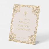 Signe De Table Première Communion Fille Rose Faux Gold Feuilles B (Recto)