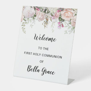Signe De Table Première communion florale rose pâle Bienvenue