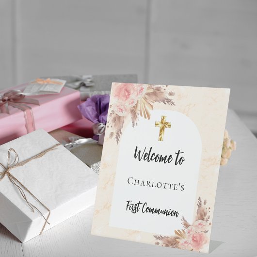 Signe De Table Première communion rose or pêche arc accueil