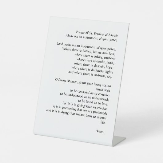 Signe De Table Prière de Paix par saint François d'Assise (Recto)