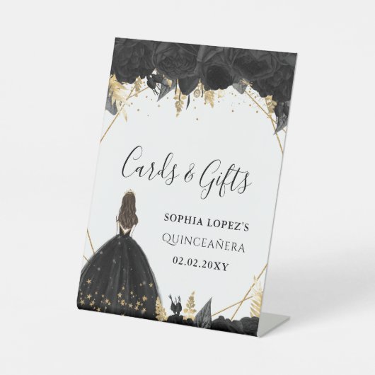 Signe De Table Princesse Florale d'or noir Quinceanera (Recto)