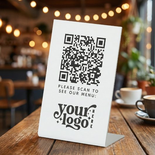 Signe De Table QR Code Menu Blanc Logo Contact Café moderne sans
