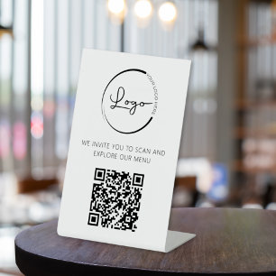 Signe De Table QR Code Menu Blanc Logo Restaurant Moderne