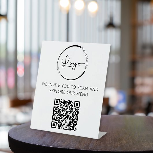 Signe De Table QR Code Menu Blanc Logo Restaurant Moderne