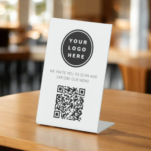 Signe De Table QR Code Menu Blanc Logo Restaurant Moderne