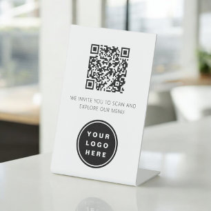 Signe De Table QR Code Menu Blanc Logo Restaurant Moderne