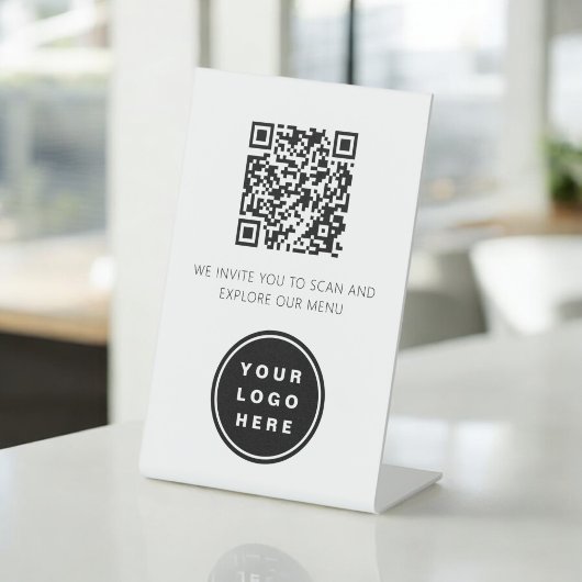 Signe De Table QR Code Menu Blanc Logo Restaurant Moderne