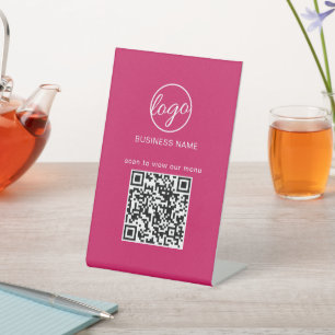 Signe De Table QR Code Menu Restaurant Business Logo Hot Pink