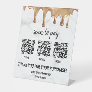 Signe De Table QR Code Paiement Cashapp Paypal Marbre blanc Or