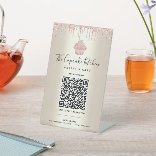 Signe De Table QR Code Payer ici Pink Cupcake Parties scintillant (In SItu)
