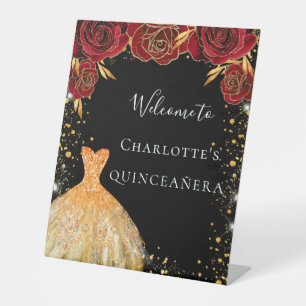 Signe De Table Quinceanera robe or noir rouge fleurs bienvenue