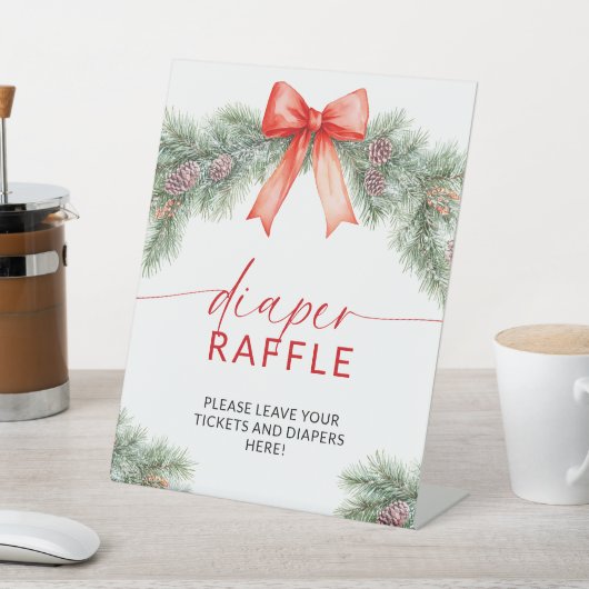 Signe De Table Red Bow Christmas Baby Shower Diaper Raffle Sign (In SItu)