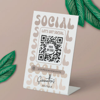 Signe De Table Retro Beige Modern Logo Social Media QR Code