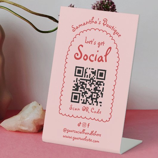 Signe De Table Retro Rouge rose manuscrit Girl Social QR Code