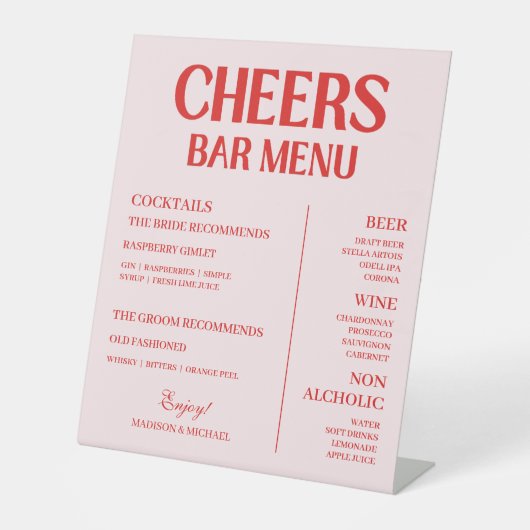 Signe De Table Retro Valentine Wedding Red Pink Bar Menu (Recto)