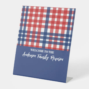 Signe De Table Réunion en famille En vichy rouge, blanc et bleu