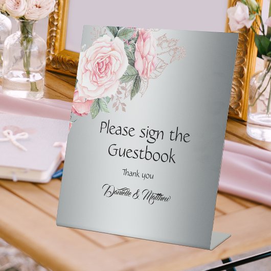 Signe De Table Romantique rose Roses Argent Mariage Livre d'or