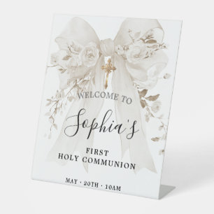 Signe De Table Rose à ruban blanc pour la première communion d'un