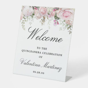 Signe De Table Rose blanche Florale Quinceanera Bienvenue