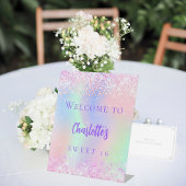 Signe De Table Rose holographique violet doux 16 bienvenue