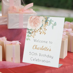 Signe De Table Rose or fleurie verdure fête d'anniversaire bienve