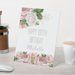 Signe De Table Rose Pâle Floral Joyeux 100e Anniversaire