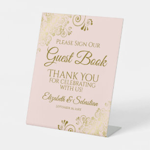 Signe De Table Rose Pâle & Or S'il Vous Plaît Signez notre Livre