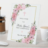 Signe De Table Rose Rose Floral Première communion Bienvenue (In SItu)