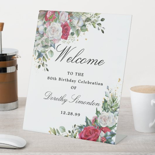 Signe De Table Rose Winter Greenery 80e anniversaire Bienvenue (In SItu)