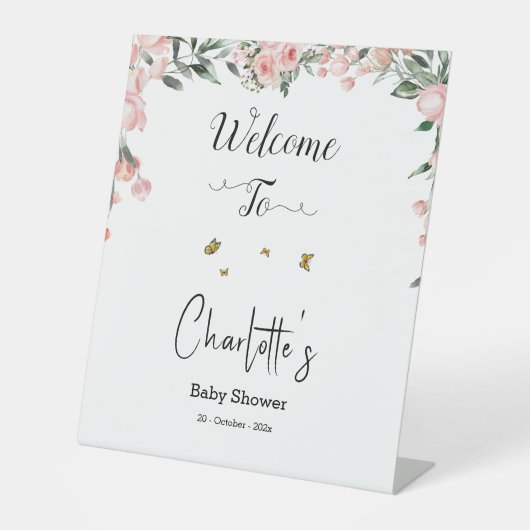 Signe De Table Roses roses élégantes avec Baby shower de papillon (Recto)