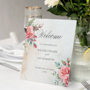 Signe De Table Roses roses romantiques et calligraphie Bienvenue