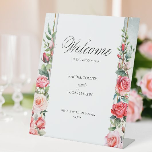 Signe De Table Roses roses romantiques et calligraphie Bienvenue