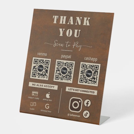 Signe De Table Rustic Iron Metal Scan pour payer 3 QR Code Merci (Recto)