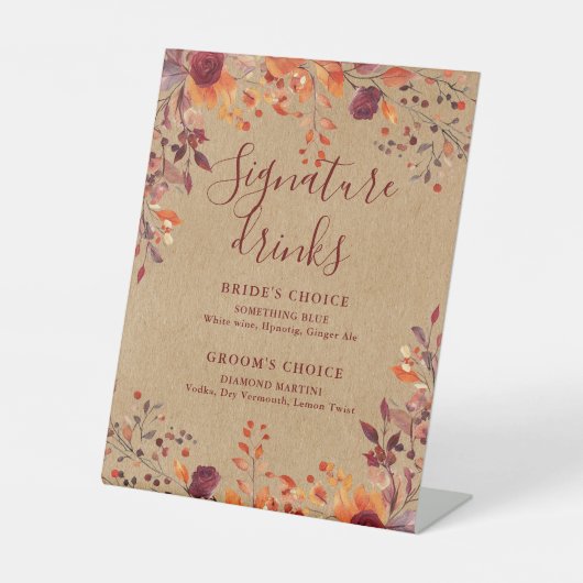 Signe De Table Rustic Kraft Automne Automne Floral Signature Bois (Recto)