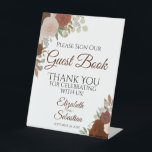Signe De Table Rustic Orange Floral S'Il Vous Plaît Signer Notre<br><div class="desc">Ce magnifique panneau de piédestal fera invitation vos invités mariages à signer votre livre d'or. Doté d'un design boho fleuri rustique avec des roses d'aquarelle peints à la main dans les tons de rouille orange, pêche de corail et le nombre brûlé. Il y a de la place pour les noms...</div>